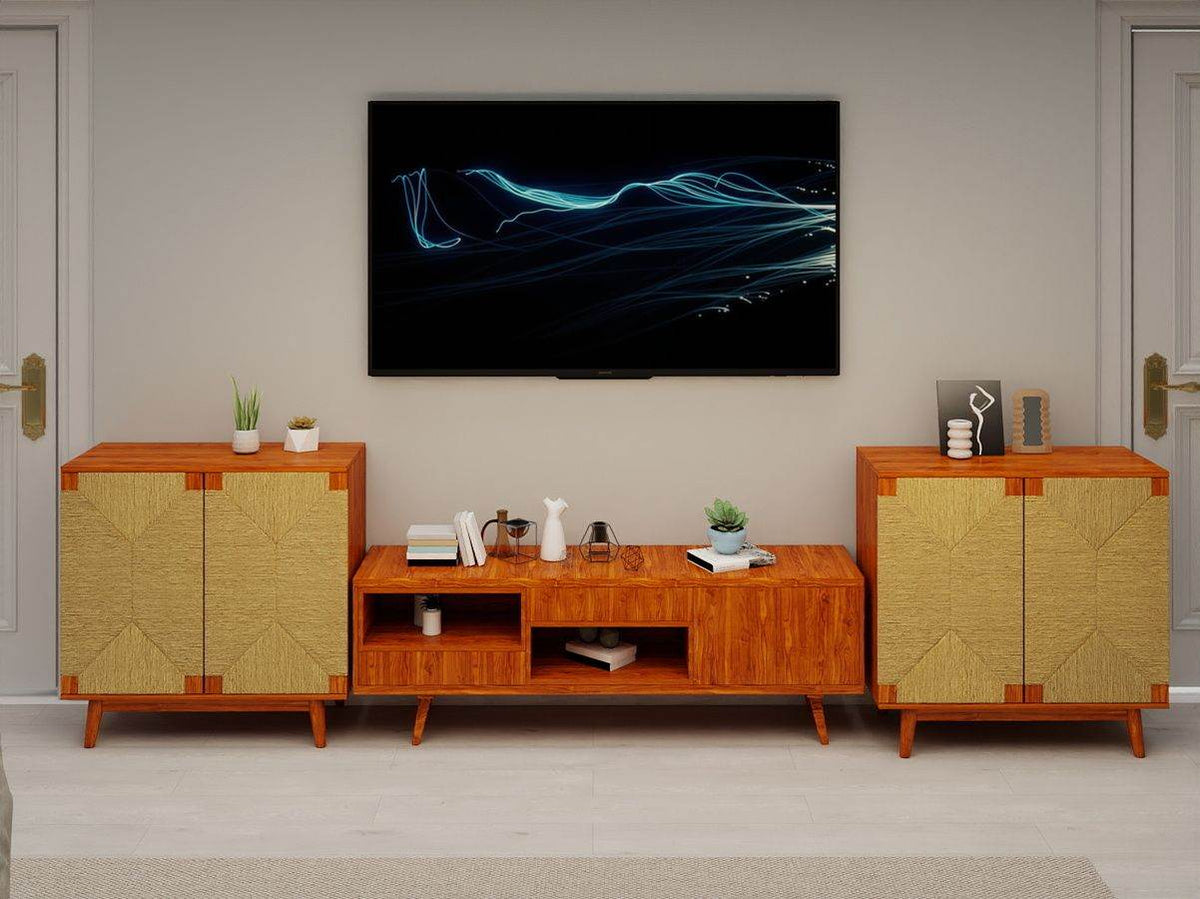 Mid Century Boho Freestanding Accent Cabinet, Handmade Paper Rope Woven Push-to-Open Double Doors, , Adjustable  Shelf, Sideboard Storage Cabinet for Kitchen Entryway  Living Room