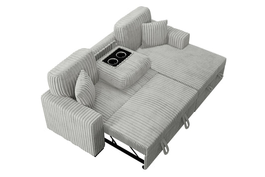 2pc Set Sectional Ash Wide-Welt Corduroy Sofa Pull out Bed Storage Chaise Cup Holder Living Room