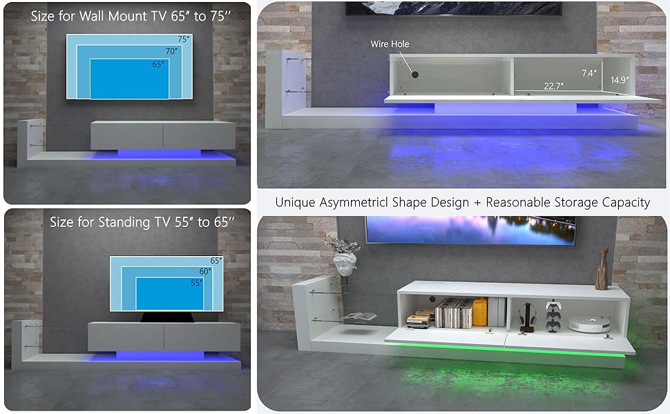 [New Update] LED TV Stand for 55 65 75 Inch TV, Modern Entertainment Center Equipped with Power Outlet, 50 60 70 Inch TV Console for Homes & Apartments, White