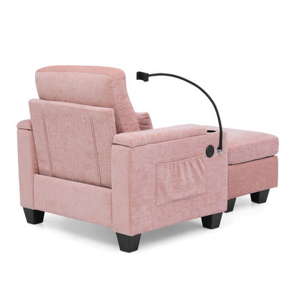 Single sofa recliner with manually adjustable backrest, USB charging port on the armrest side, phone stand included, hidden armrest storage, and a matching storage ottoman-Pink