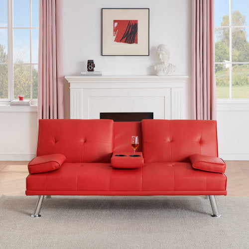67-inch Red Leather Multifunctional Double Folding Sofa Bed with Coffee Table for Office Use