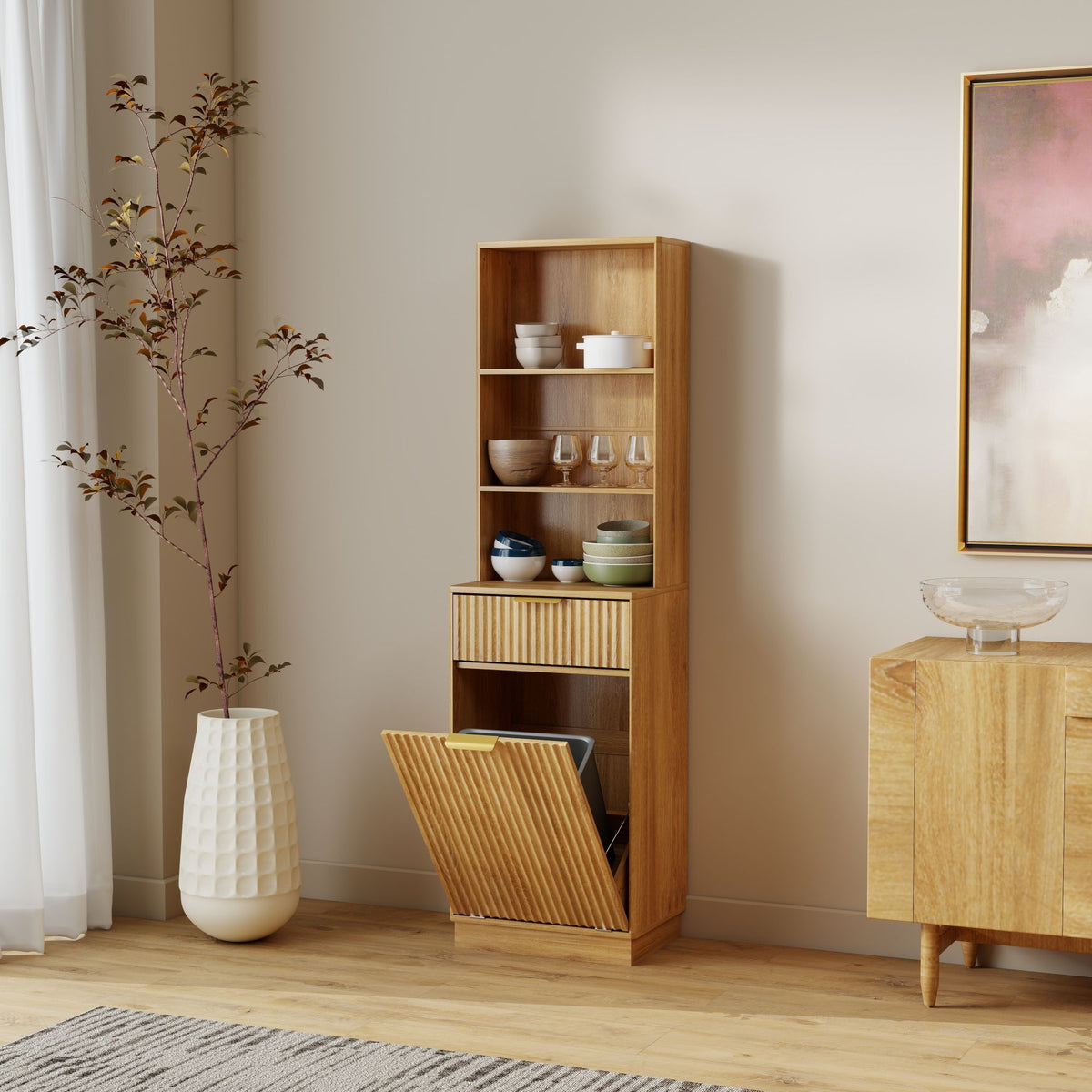 Tall Narrow Fluted Storage Cabinet with 10-Gallon Hidden Trash Bin Compartment, Freestanding Cabinet, Fixed Open Shelves & Drawer, Anti‑Tip for Kitchen Home‑Office Living Room (Trash Can NOT Included)