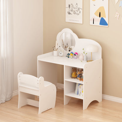 Kids Vanity Table with Mirror and Chair, Wooden Children's Dressing Makeup Desk with Storage Shelves