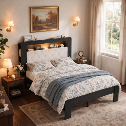 Queen Platform Bed Frame, Black Wood Look Frame with Soft Velvet , Sturdy Wood Slat Support System, Easy to Assemble, No Box Spring Required, Luxury Bedroom Furniture