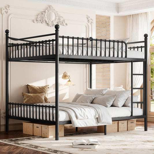 Queen over Queen Metal Bunk Bed with Unique Curved Guardrail Design, Round Tube bunk bed Frame, No Box Spring Required, Metal Bunk Bed Frame for Kids Teens,adults, Black