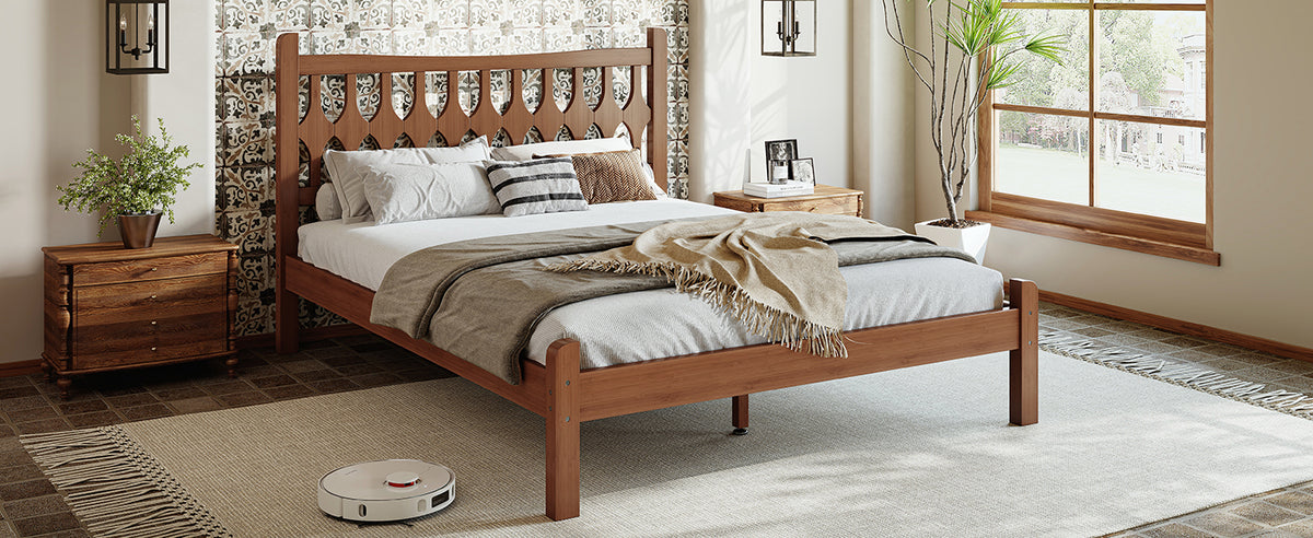 Full Size Bamboo Platform Bed with Diamond-shaped headboard, Solid Bamboo-made Bed Frame with Support Slats, for Bedroom, Guest Rooms, Brown