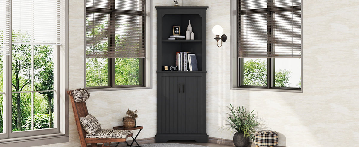 Tall Corner Cabinet with Doors, Dining Room or Kitchen, Black