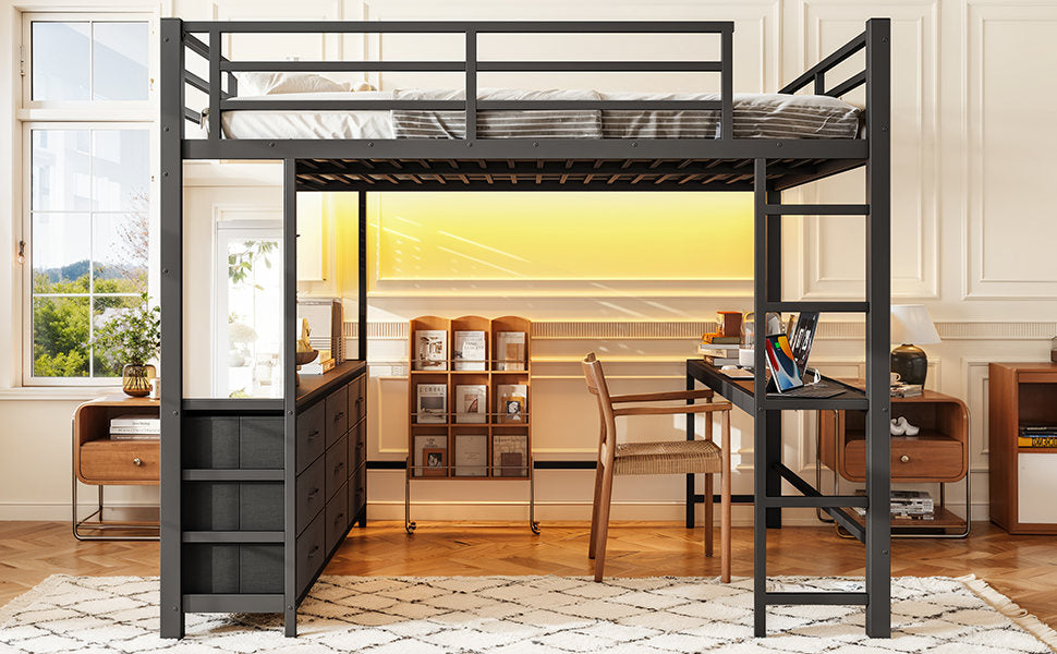 Queen Size Loft Bed with Desk, Loft Bed with Drawers, Loft Bed with Led Light and USB, Sturdy Loft bed Frame, Loft Bed with Mirror, Multi-Functional High Loft Bed for Teens Adults.Black