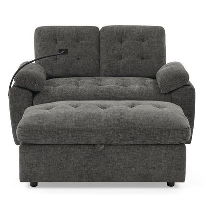 Leisure sofa chair,Double sofa recliner, with manually adjustable backrest, soft padded armrests, side USB charging port and phone stand, comes with a matching storage ottoman-Gray