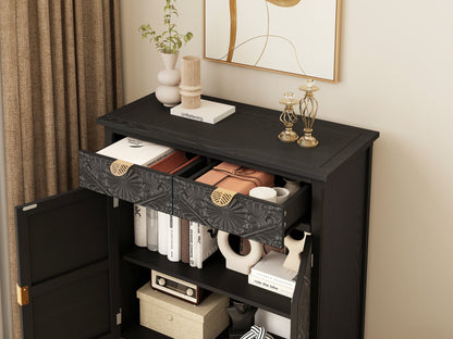 Hand-Carved Accent Cabinet, Black Wooden Storage Cabinet with Drawer & Doors, Floral Embossed Sideboard with Gold Handles for Entryway, Living Room, 14.97"x31.5"x36.82"