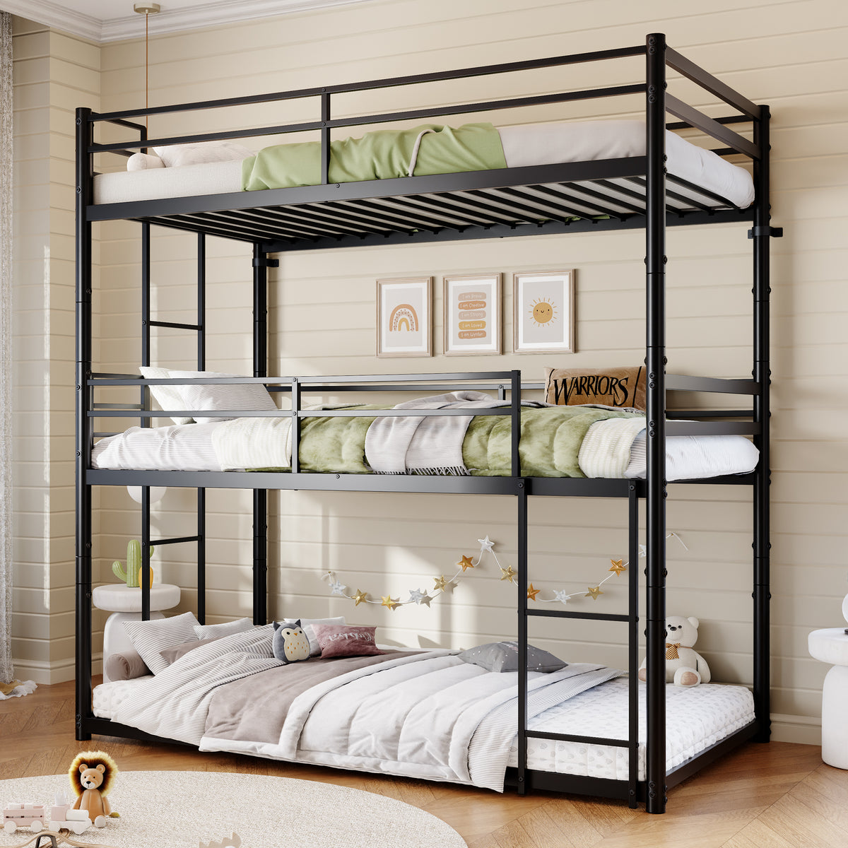 Metal Triple Bunk Bed Twin over Twin over Twin, Heavy Duty 3-in-1 Convertible Metal Bunk Bed Frame with Ladders, Guardrails & Anti-Tip Kit, Space-Saving Bed for Kids, Teens, Adults, No Box Spring Need
