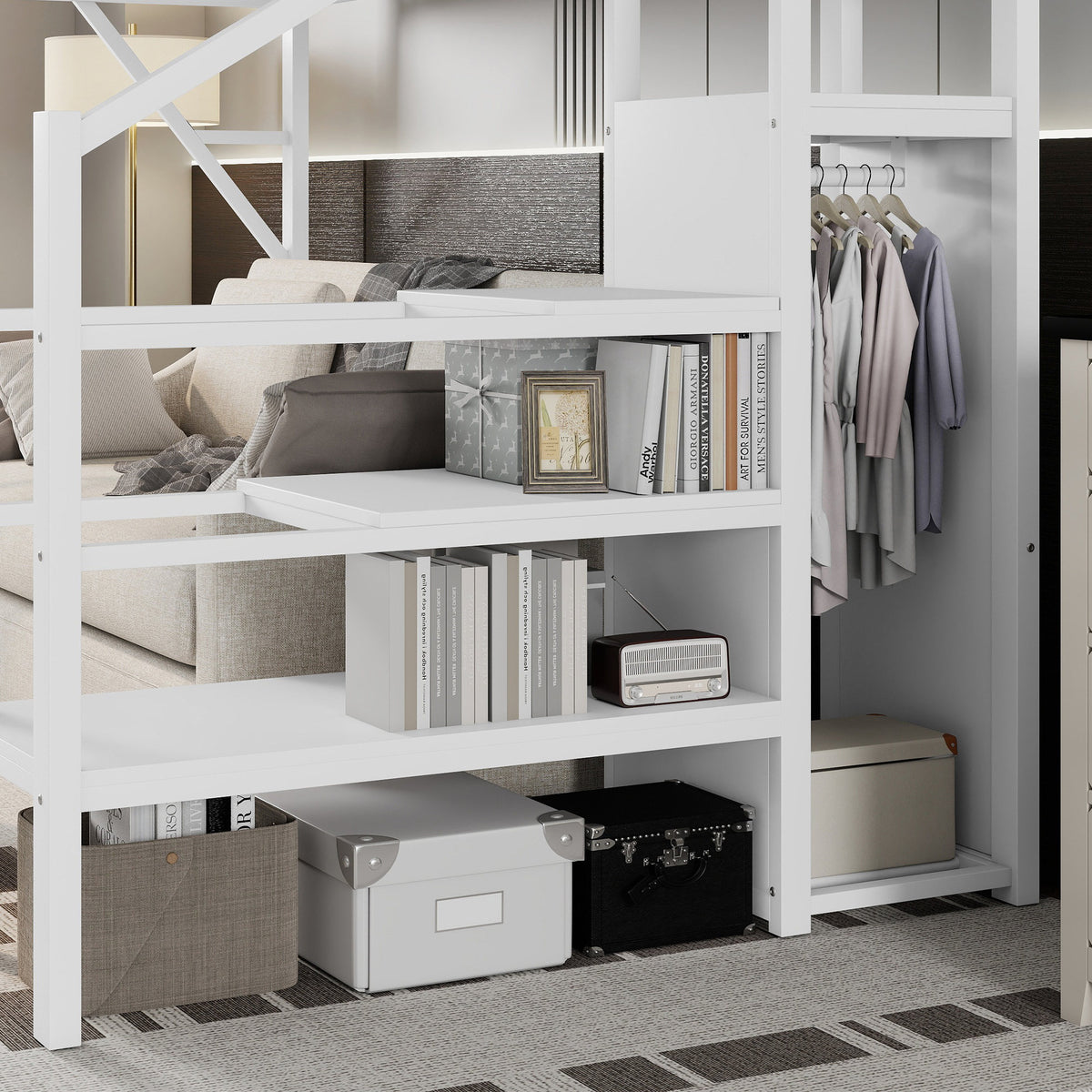 Twin XL Size Loft Bed with Stairs, Metal Full Loft Bed with Storage Shelves, High Loft Bed with Wardrobe for Kids Teens,White(Old Sku W2580S00050)