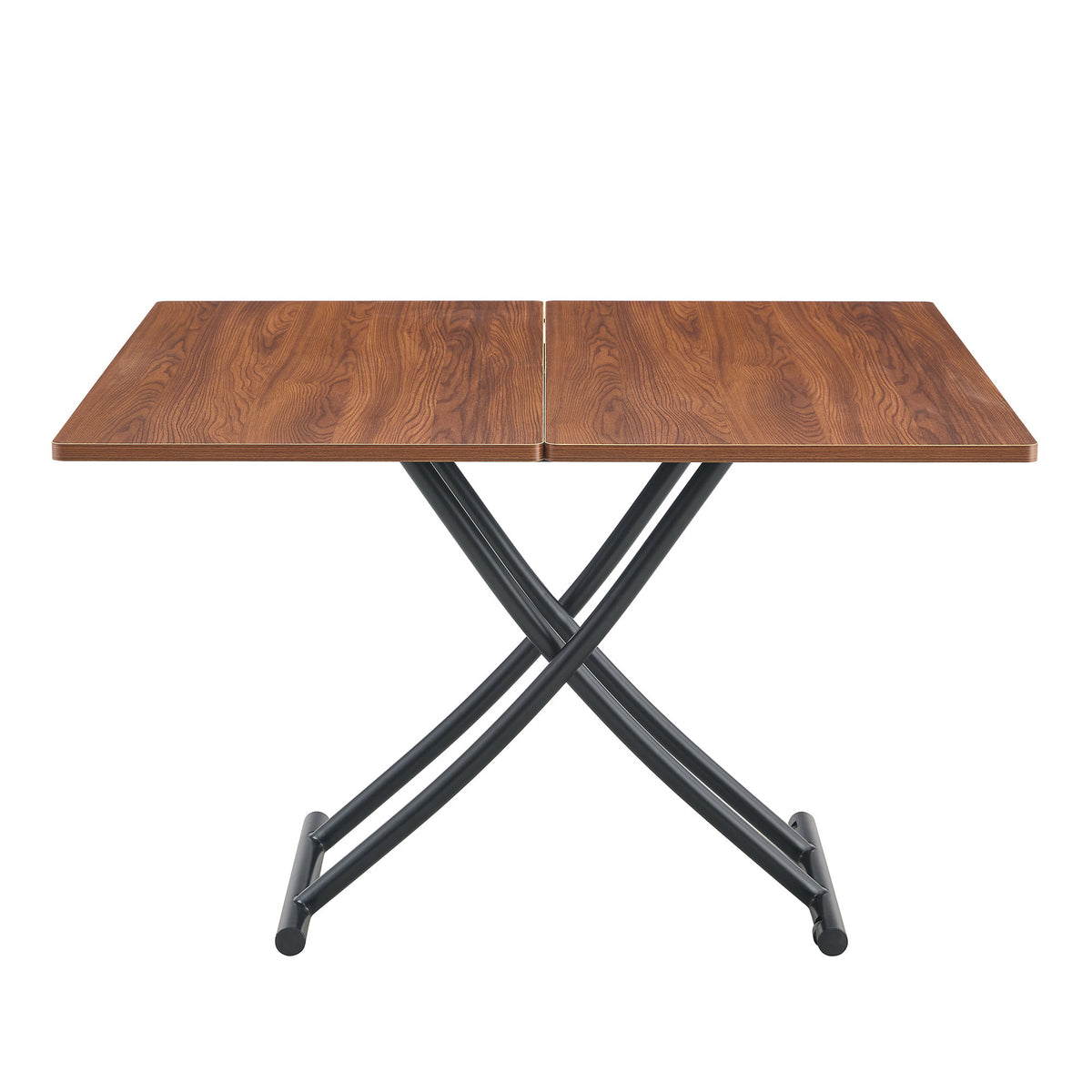 Modern minimalist multifunctional lift table with 0.8 inch thick MDF desktop and black metal legs, can be used as a dressing table, coffee table, dining table, and office table.Walnut textured desktop
