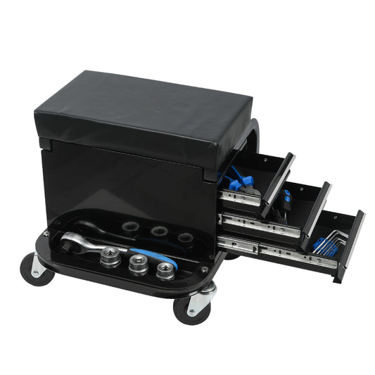Rolling Creeper Garage Seat with 3 Built-in Drawers, Rolling Tool Chest for Shop or Garage - Black