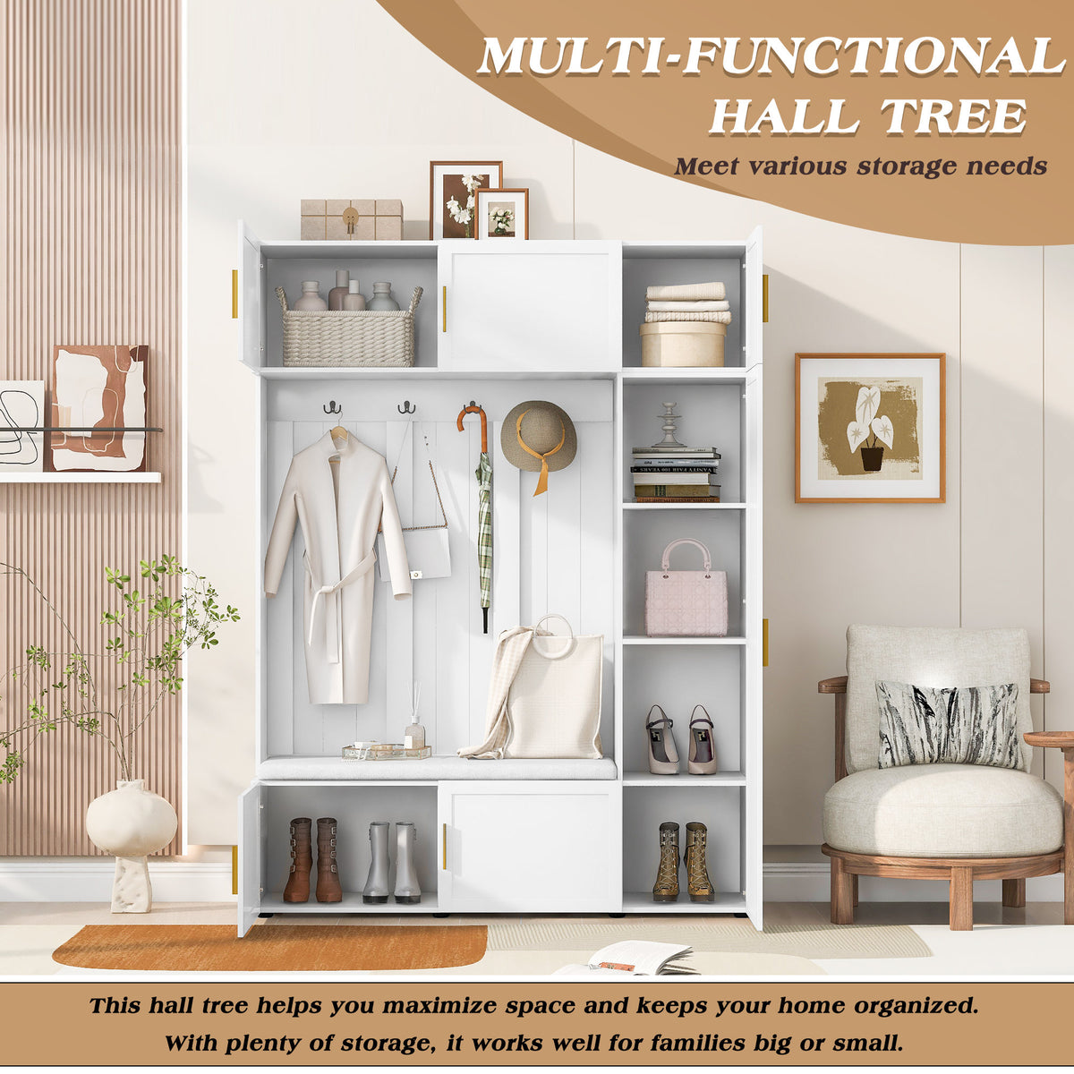 U-Can American Style 4-in-1 Hall Tree with Padded Bench, 4 Hooks, and Multi-Tier Storage Shelves – White