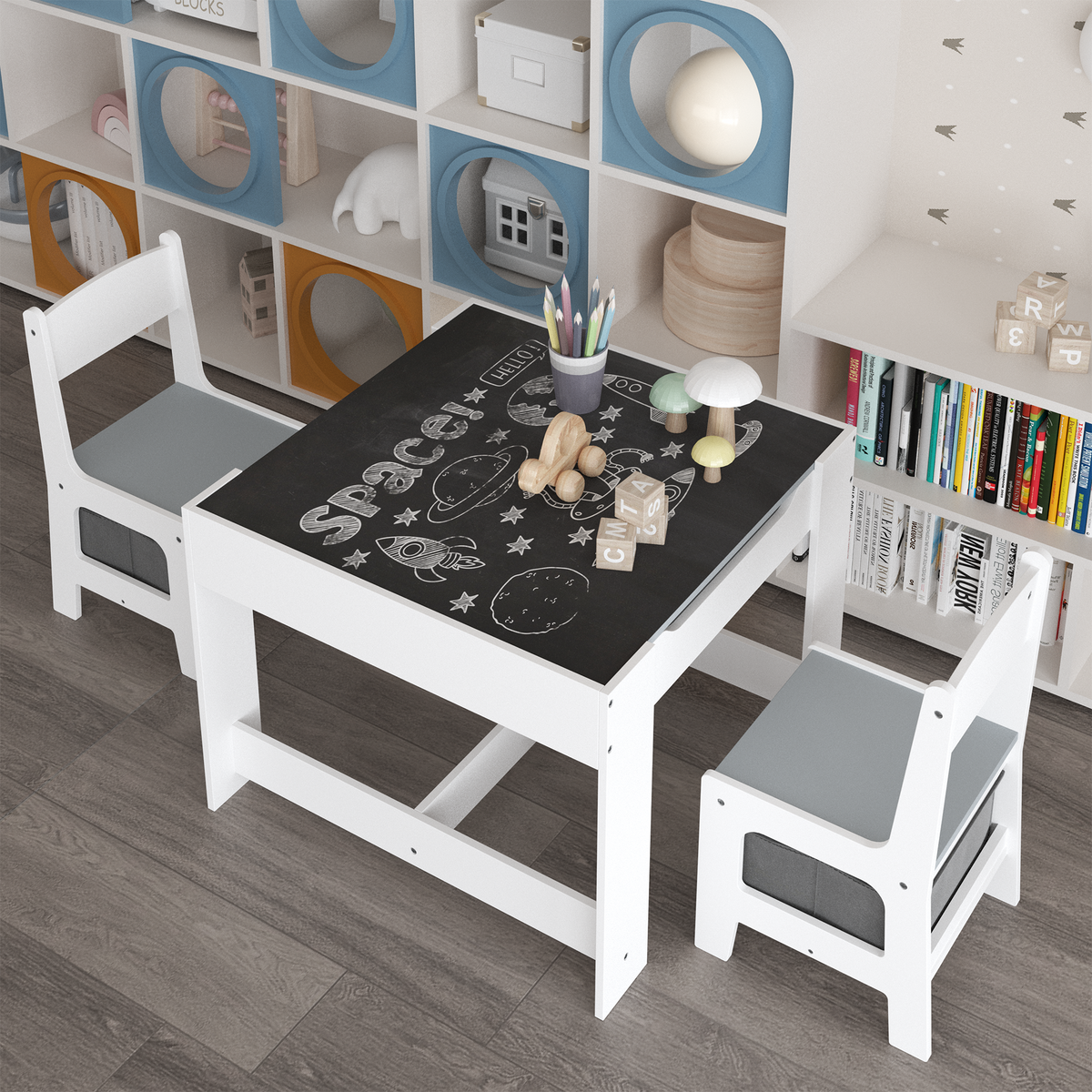 Kids Table and Chair Set, 3-in-1 Wooden Activity Table with Storage Drawer for Toddlers Drawing, Reading, Crafts, 2-in-1 Detachable Top in White+Gray MDF