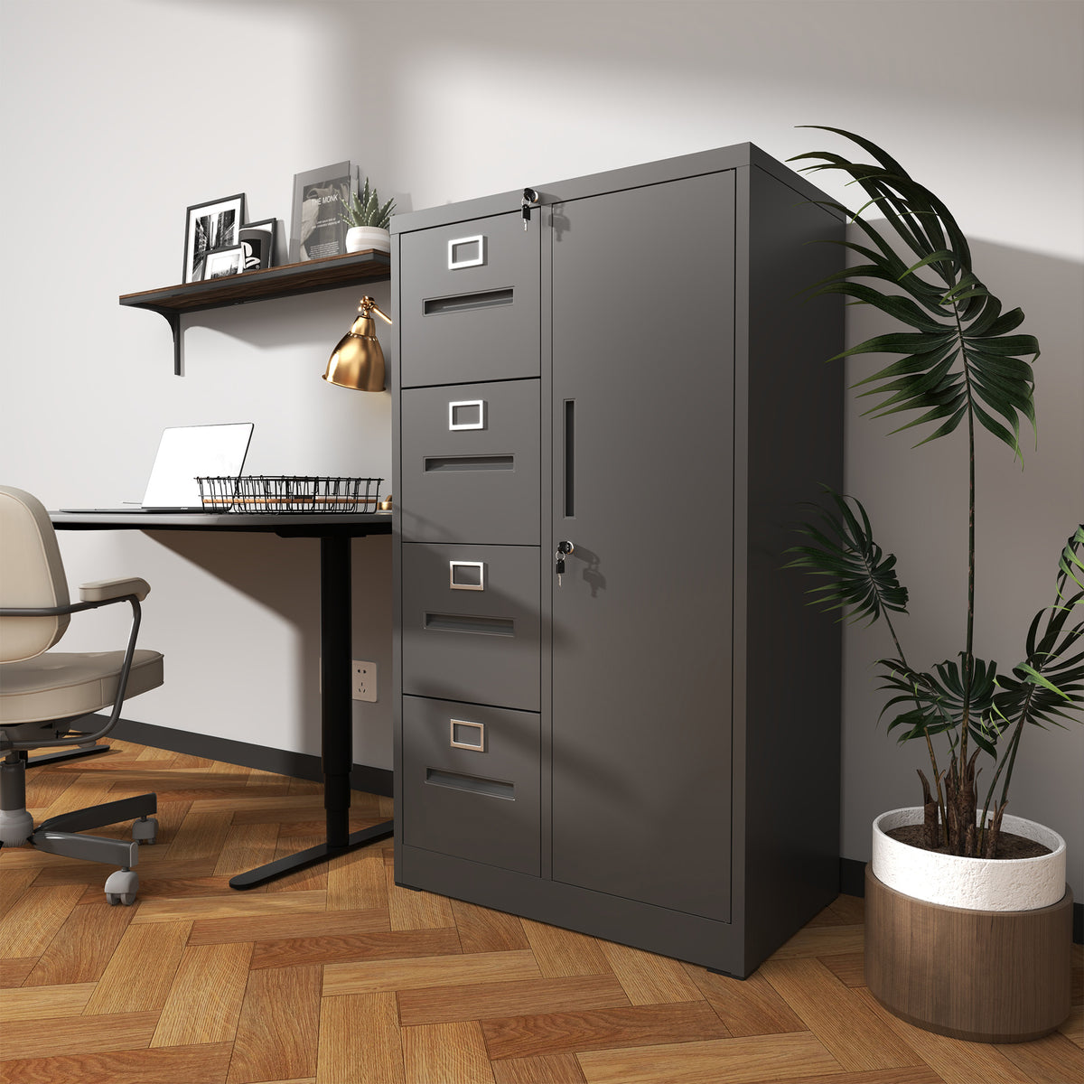 Metal Storage Vertical Filing Cabinet with Lock, Steel File Locker with 4 Drawers and 1 door for School, Living Room, Bedroom, Office (Black)