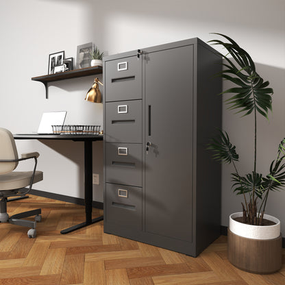 Metal Storage Vertical Filing Cabinet with Lock, Steel File Locker with 4 Drawers and 1 door for School, Living Room, Bedroom, Office (Black)