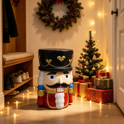 19'' Classic Nutcracker Soldier Stool, Retro Christmas Character Side Table Decor, Indoor & Outdoor Creative Figurine Seat for Patio, Garden, Living Room Home Decor
