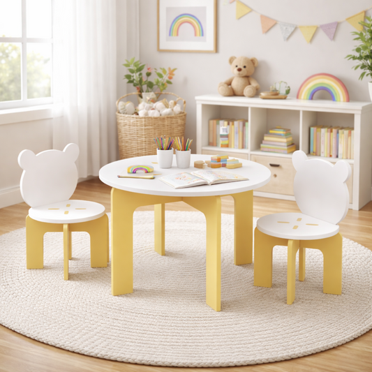 Kids Table and Chair Set, 3-Piece Toddler Table with 2 Chairs, Cute Bear-Back Chairs, Sturdy Wooden Activity Table Set, Preschool