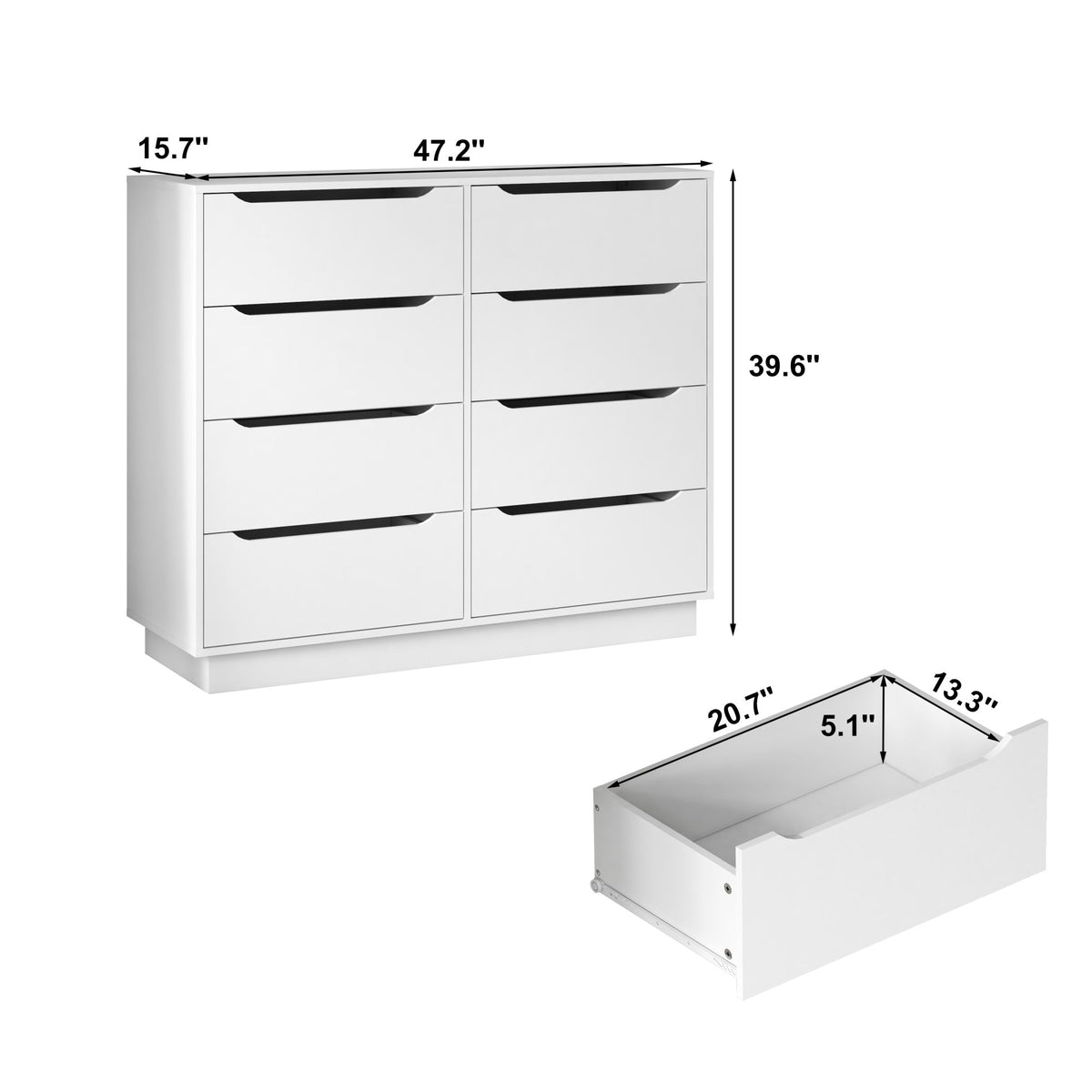 White Dresser, Long Dresser with 8 Drawers, 47.2''W Wooden Dressers Chest of 8 Drawers, Large Capacity Clothing Storage Cabinet