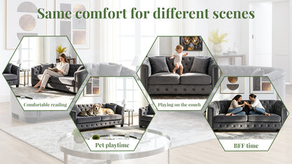 Velvet Chelsfield Sofa Set, featuring extra-deep seat cushions with padded armrests, tufted buttons, and brass studs, complete with throw pillows and plastic legs