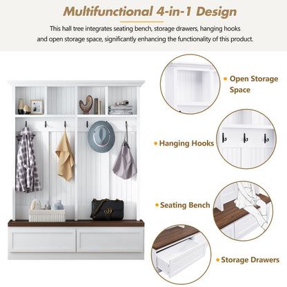 Farmhouse 4-in-1 Hall Tree with Wood Grain Bench, Mudroom Versatile Coat Rack with 2 Large Drawer, Entrance Organizer, White, 55.9" W
