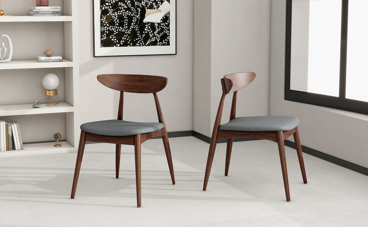 Set of 2 Retro Rubberwood Dining Chairs with Ergonomic Back & Plush Cushions in Walnut and Light Gray, Solid Rubberwood Frame with TSCA-Certified Foam Seats
