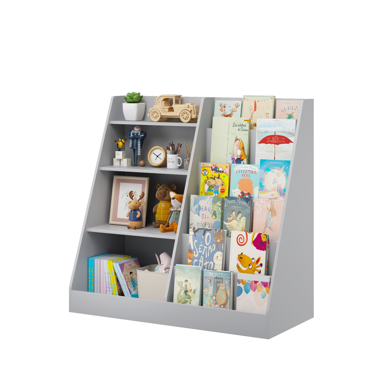 Kids Bookshelf and Toy Storage Organizer, Multifunctional 4 Tier Wooden Kids Book Shelf with Bookcase Display Stand, Children, Toddlers - Gray – Model W808P434870