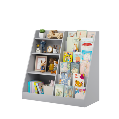 Kids Bookshelf and Toy Storage Organizer, Multifunctional 4 Tier Wooden Kids Book Shelf with Bookcase Display Stand, Children, Toddlers - Gray – Model W808P434870
