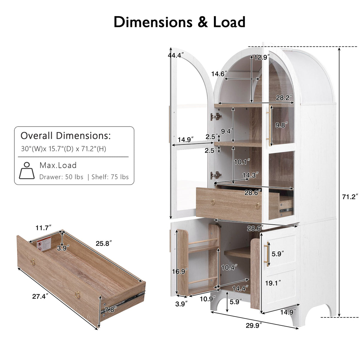 K&K 71" Tall Arched Kitchen Pantry Cabinet with Door Shelves, Farmhouse Kitchen Storage Cabinet with Open & Adjustable Shelves