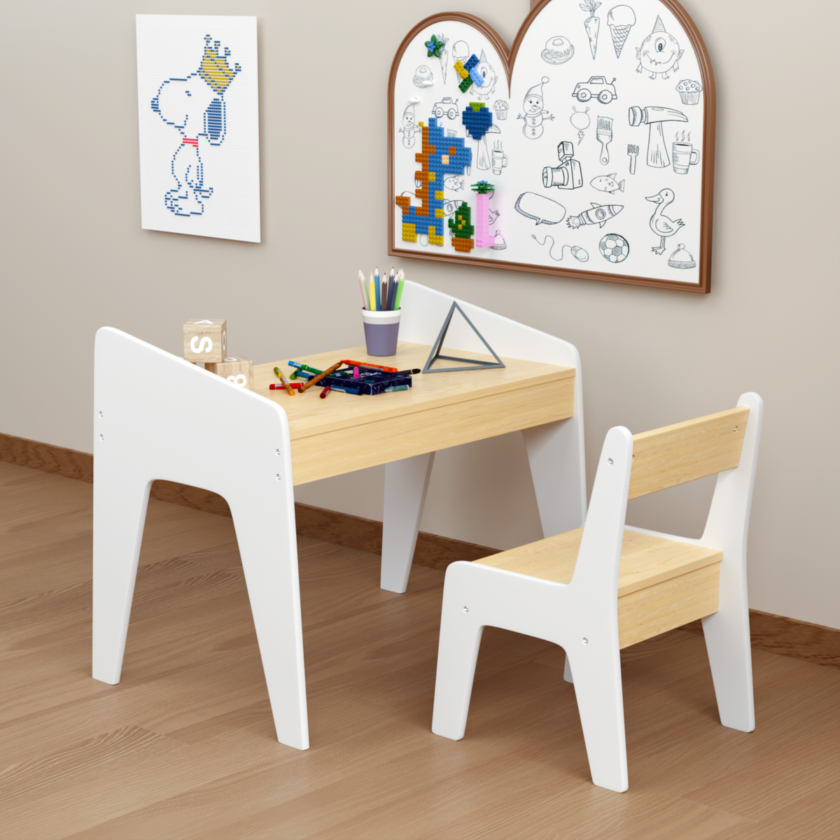 Kids Table Set with One Chair, Wooden Children Study Table, 2-8 Age Kids Funiture, White+Natural