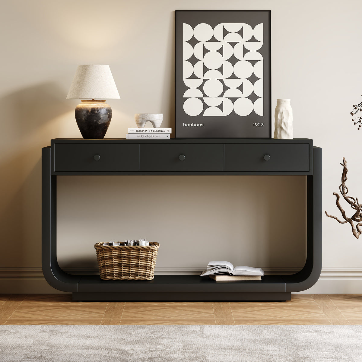 Classic-Style Console Table, 3 Storage Drawers, Display Shelf, Curved Legs, Painted Finish, Black