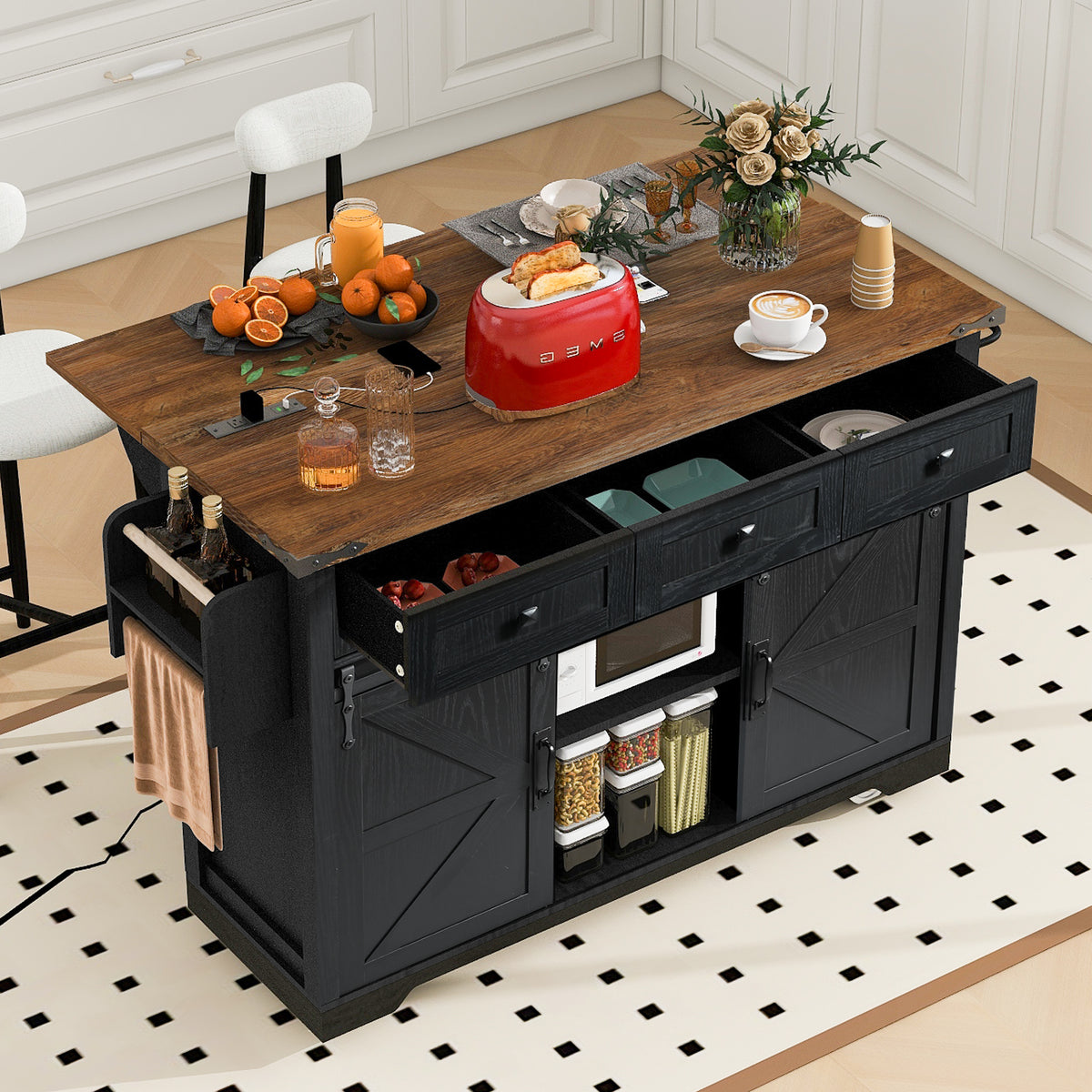 K&K 53.7" Farmhouse Kitchen Island with Power Outlet, 2 Sliding Barn Door Kitchen Storage Island with Drop Leaf – Black