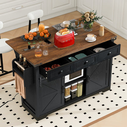 K&K 53.7" Farmhouse Kitchen Island with Power Outlet, 2 Sliding Barn Door Kitchen Storage Island with Drop Leaf – Black