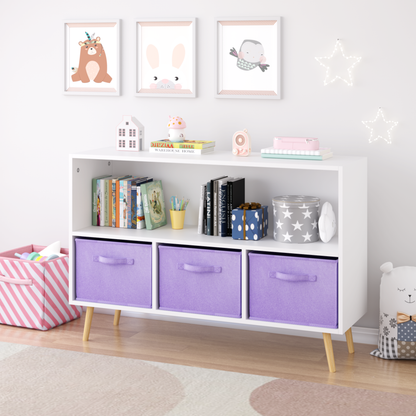 Kids bookcase with Collapsible Fabric Drawers, Children's Book Display, Toy Storage Cabinet Organizer, White/Purple