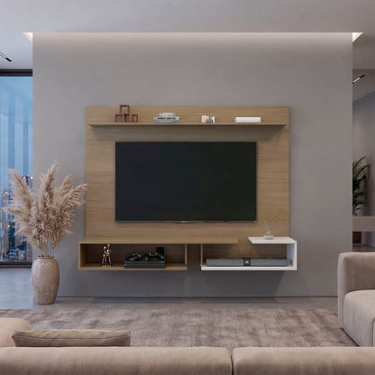 Colorado Wall Mounted TV Panel with Floating Media Console and Open Storage Shelves,Natural Oak