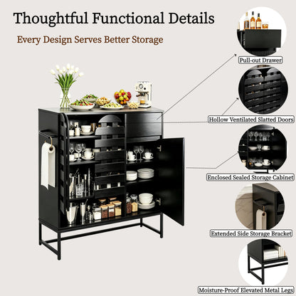 Buffet Cabinet with Storage: 44.49"Black Woven Door Accent Cabinets,with Arched Doors,with Multi layer Adjustable,with Metal Leg,woven door and drawer - for Kitchen Living Dining Room Entryway