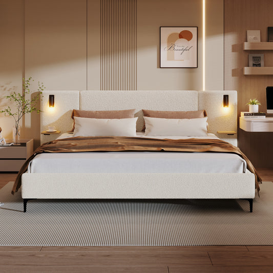 Chic Boucle Upholstered Bed with Integrated Lights and Shelves, White, Queen