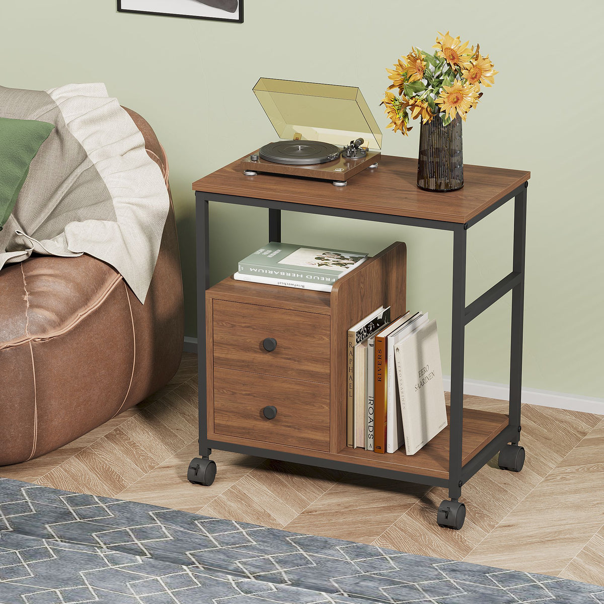End Table with Wheels & Storage Drawers, Side Table,  Nightstand, Stable Metal Frame, Wood Top, for Bedroom Kitchen Living Room and Office, 14.9"D x 23.6"W x 25.7"H