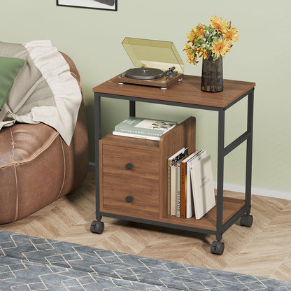 End Table with Wheels & Storage Drawers, Side Table,  Nightstand, Stable Metal Frame, Wood Top, for Bedroom Kitchen Living Room and Office, 14.9"D x 23.6"W x 25.7"H