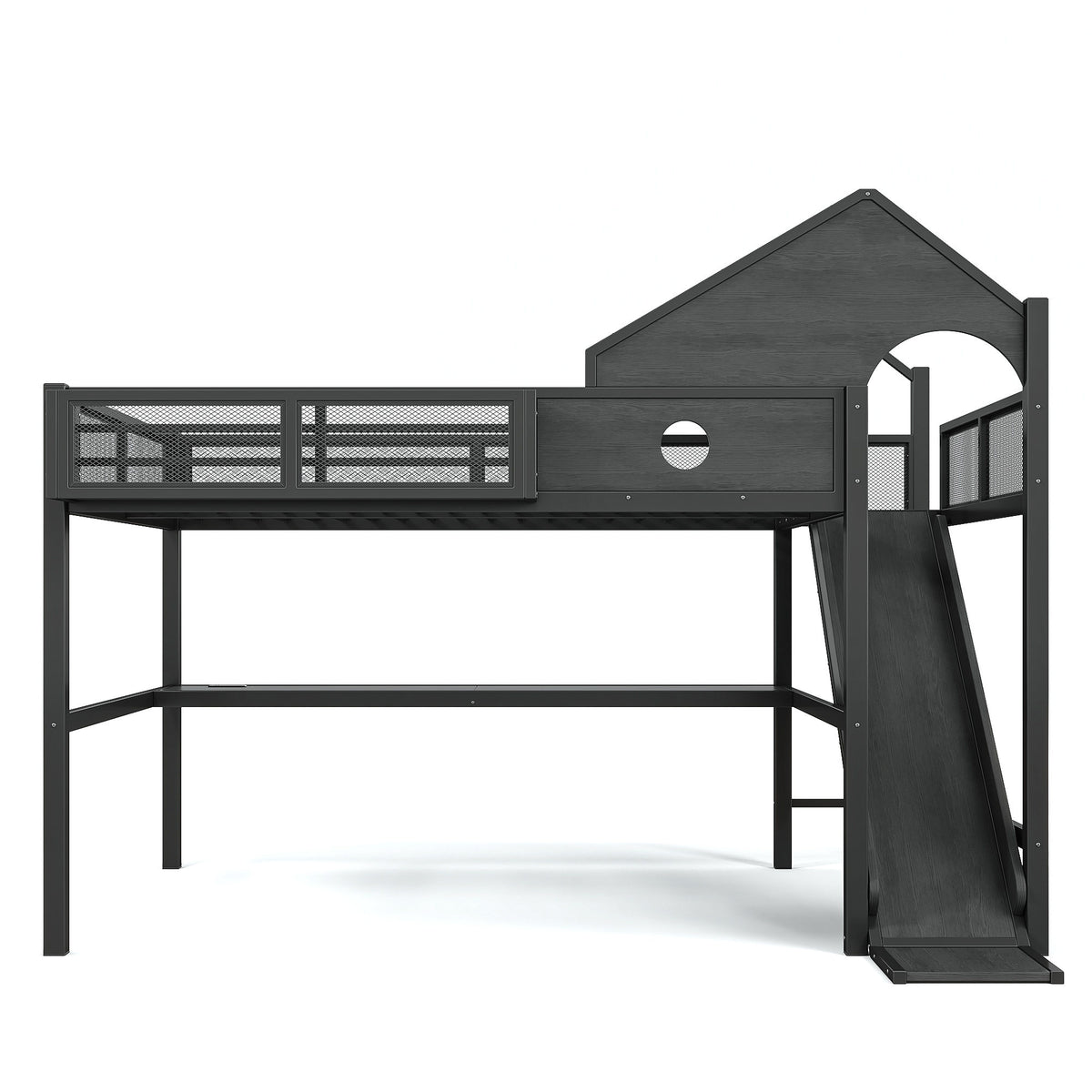 Queen Size Multifunctional Loft Bed with Slide, Desk,and Storage Shelves, Metal Loft Bed Frame With USB Ports And Led Lights, Triangular Geometry House Design, Black