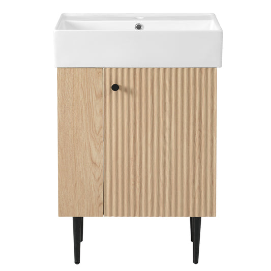Modern Wood Bathroom Vanity with Ceramic Sink, Left Side Storage, 21.6' W x 12.2' D x 33.9' H, MDF Cabinet with Gold Zinc Alloy Handles