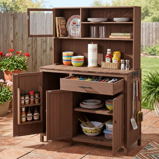 (With Assembly Video) TOPAMX Potting Bench with Hutch, 65" H Solid Fir Wood Garden Workstation, Large Countertop