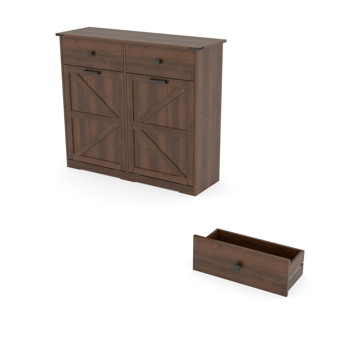 Farmhouse Double Tilt Out Trash Cabinet for 20 Gallon Trash Cans, Free Standing Recycling Cabinet with Hideaway Drawer, Barn Door Style Laundry Sorter Cabinet, Tilt Out Trash Cabinet for Kitchen