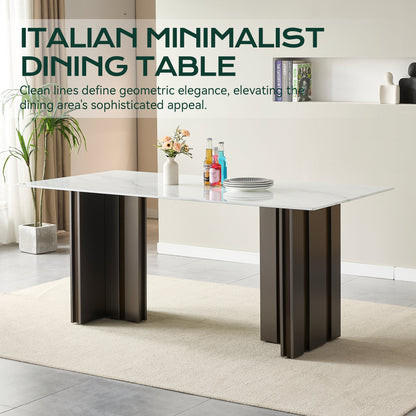 Modern Rectangular Dining Table, Tempered Glass with Marble Texture Top, Matte Gray Brushed Metal Legs, 4-6 Person Capacity, White Marble Finish, 69.30 Inch