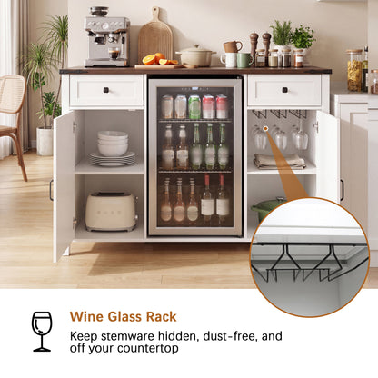 Farmhouse Coffee Bar with Mini Fridge Space & Built-in Charging Station,Large Bar Cabinet with Drawers & Adjustable Shelves for Kitchen, Dining Room, or Living Room, White