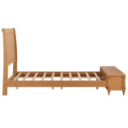 Queen Bed Frame with Tall Headboard and Storage Bench,Soild Wood Sleigh Bed with 64" Storage Chest,No Box Spring Needed, Natural