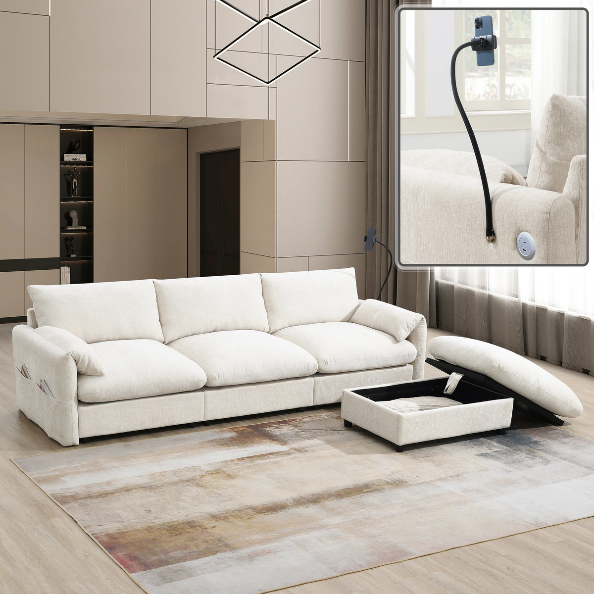 [VIDEO]96.5'' L-Shaped Sectional Sofa with Storage Ottoman and Pockets, Adjustable Phone Holder, USB Charger, Elephant Ear-Shaped Armrests, Comfy Seat for Living Room&Apartment, Chenille, 3 Colors