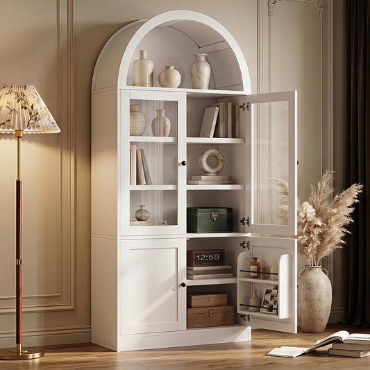 [Video] Tall Arched Top Storage Cabinet with Tempered Glass Doors, 5-Tier Shelves, Soft Close Hinges, Door Organizer, Freestanding Display&Storage Cabinet for Bathroom/Living Room/Dining/Study, White